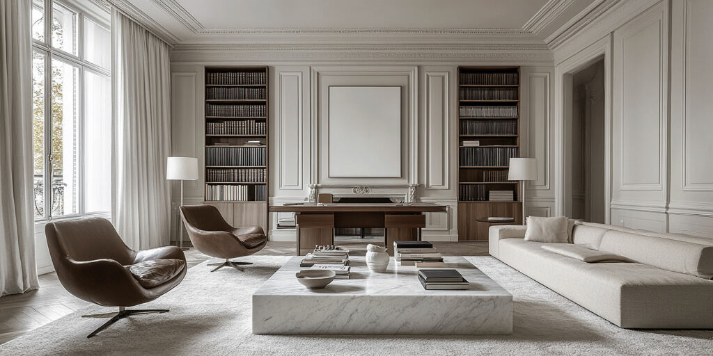 Organizacja domowego biura - stylowa biblioteczka, systemy przechowywania w gabinecie wnętrza w stylu art deco